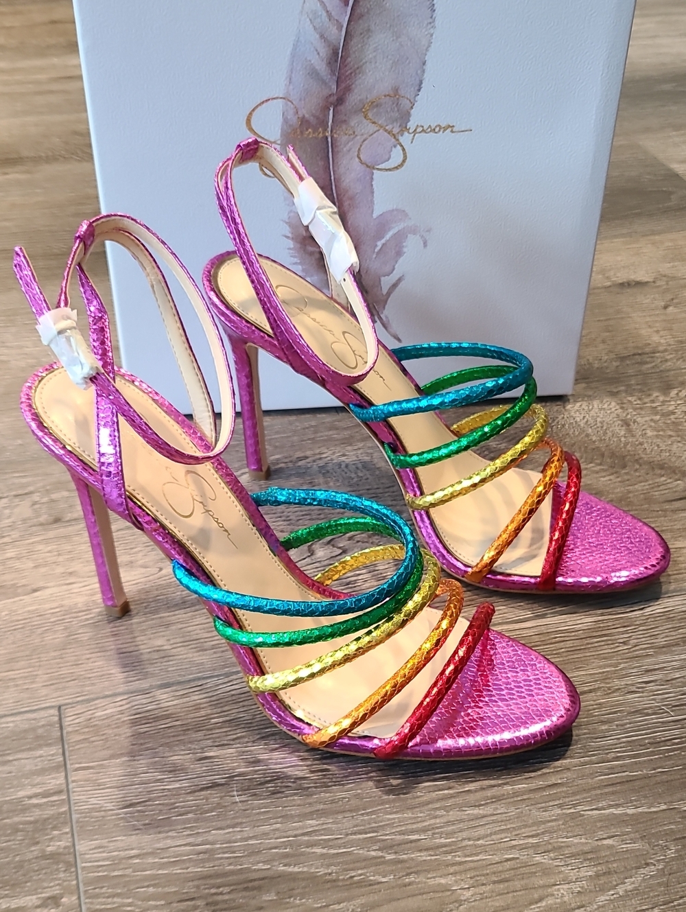 Jessica Simpson Metallic Pink Rainbow-Strap Stiletto Sandals